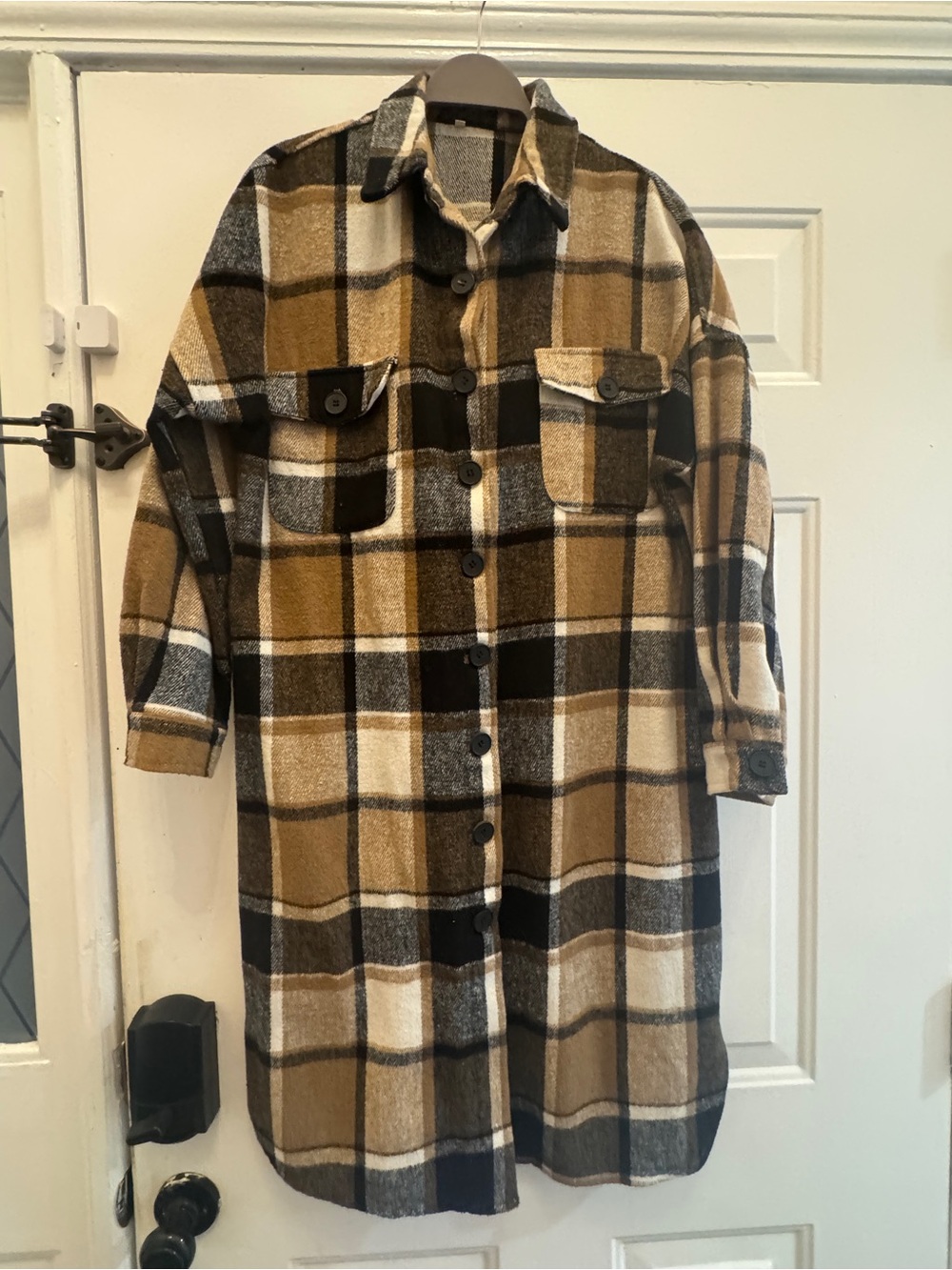 Plaid Button-Front Shacket in Camel, Black & Cream